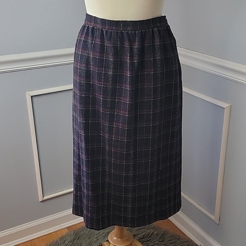 ALFRED DUNNER Navy Blue Plaid Wool Midi 80s Professional Retro Office Skirt‎ 12